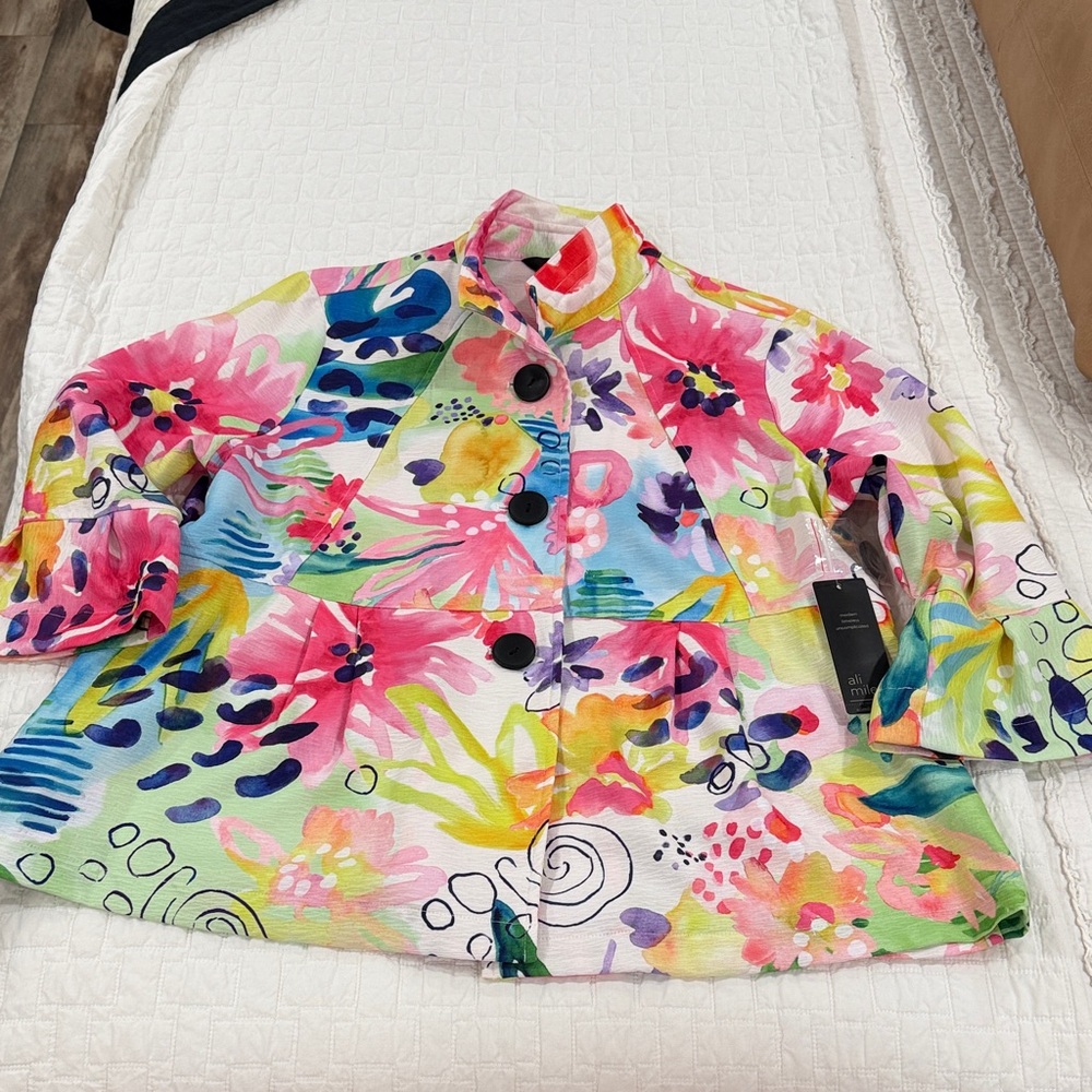 Ali Miles Multicolor Floral Watercolor Blazer - Pink, Yellow, Blue, Green